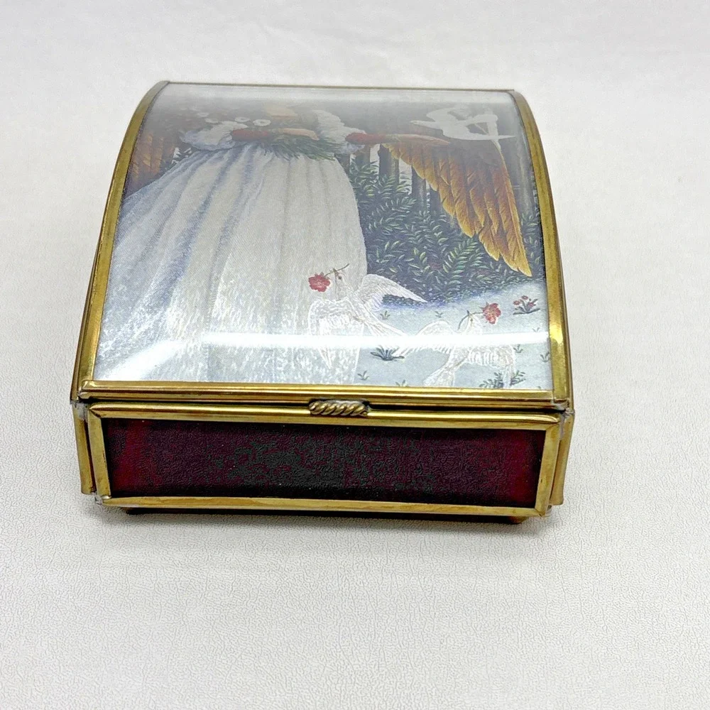 Vintage 90s Angel Glass Jewelry Music Box Ave Maria Enesco Lynn Bywaters Foil